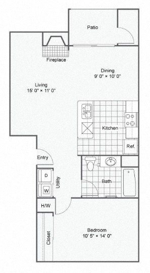 Floor plan for 1 bed, 1 bath, 716 sqft